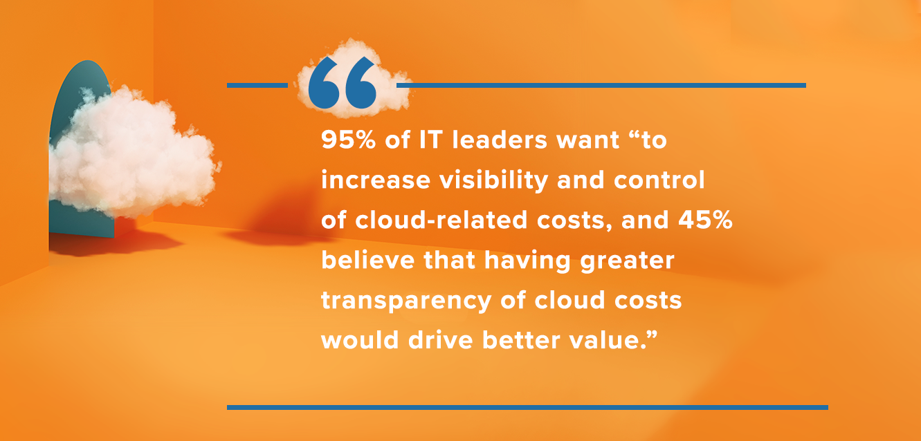 95% of IT leaders want “to increase visibility and control of cloud-related costs, and 45% believe that having greater transparency of cloud costs would drive better value.”